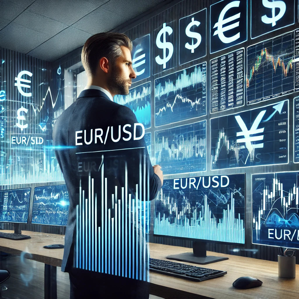 Forex trader analyseert EUR/USD grafieken en markttrends in een moderne handelsomgeving.