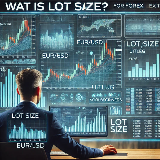 Forex trader analyseert grafieken en lot size calculators in een moderne handelsomgeving voor uitleg over lot size in forex trading voor beginners.