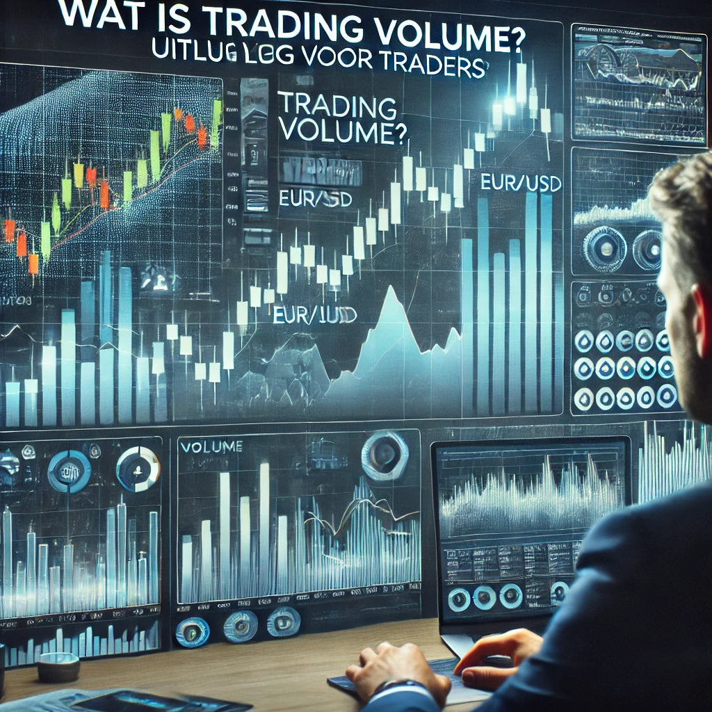 Trader analyseert trading volume grafieken met volume balken en candlestick charts voor uitleg over wat trading volume is.