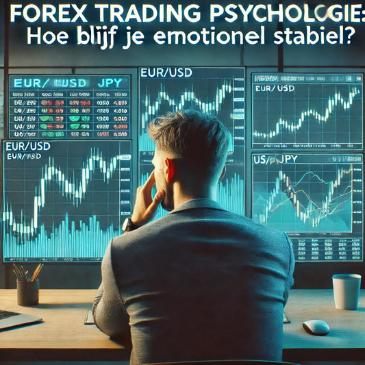 Forex trader in een moderne handelsomgeving, analyseert grafieken met de focus op emoties zoals angst en hebzucht, met valutaparen zoals EUR/USD en USD/JPY.
