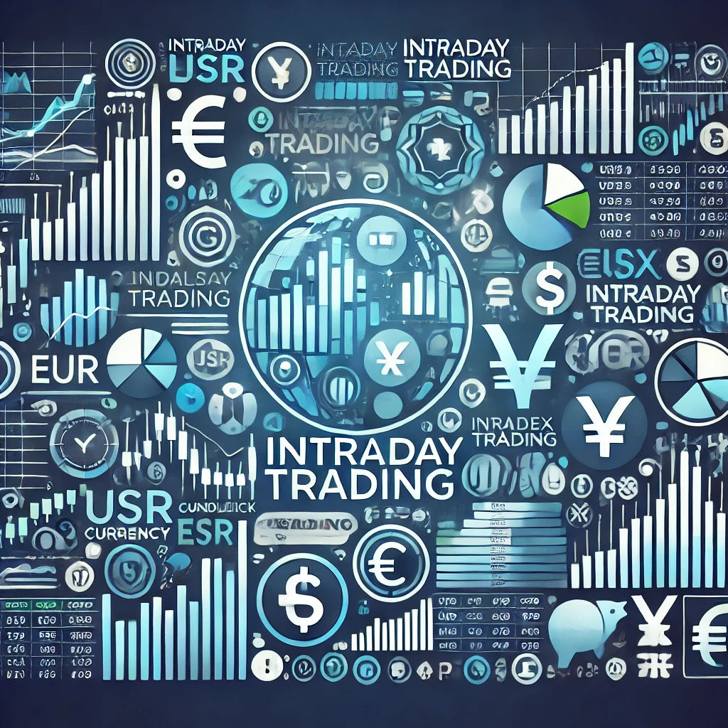 Afbeelding van intraday trading met forex grafieken, candlestick patronen, en valuta-iconen zoals USD, EUR, en GBP