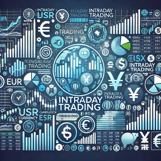 Afbeelding van intraday trading met forex grafieken, candlestick patronen, en valuta-iconen zoals USD, EUR, en GBP
