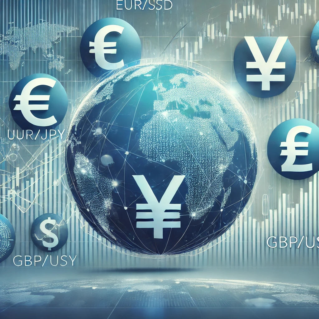 Illustratie van populaire forex valutaparen zoals EUR/USD, USD/JPY, en GBP/USD met forex grafieken en marktsymbolen
