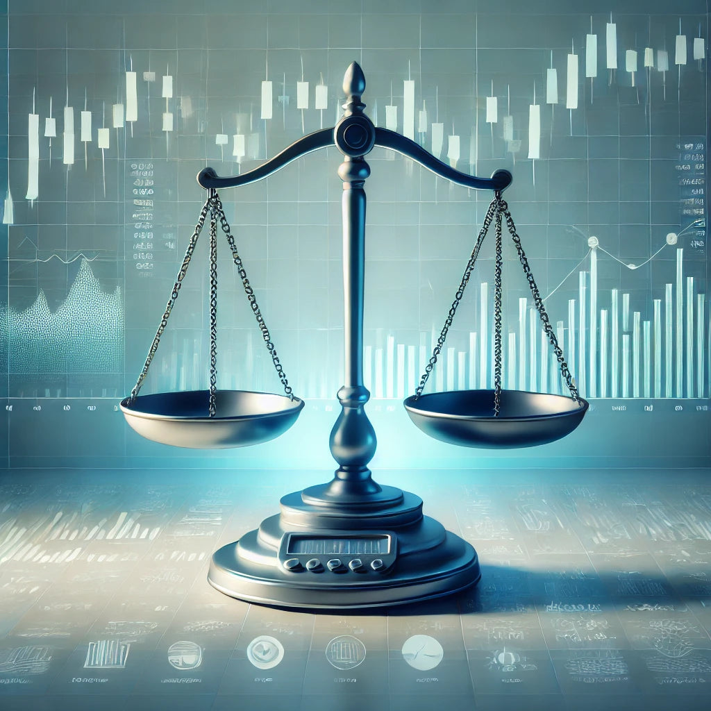 Illustratie van hefboomwerking in forex trading met forex grafieken, balansschaal en risicosymbolen