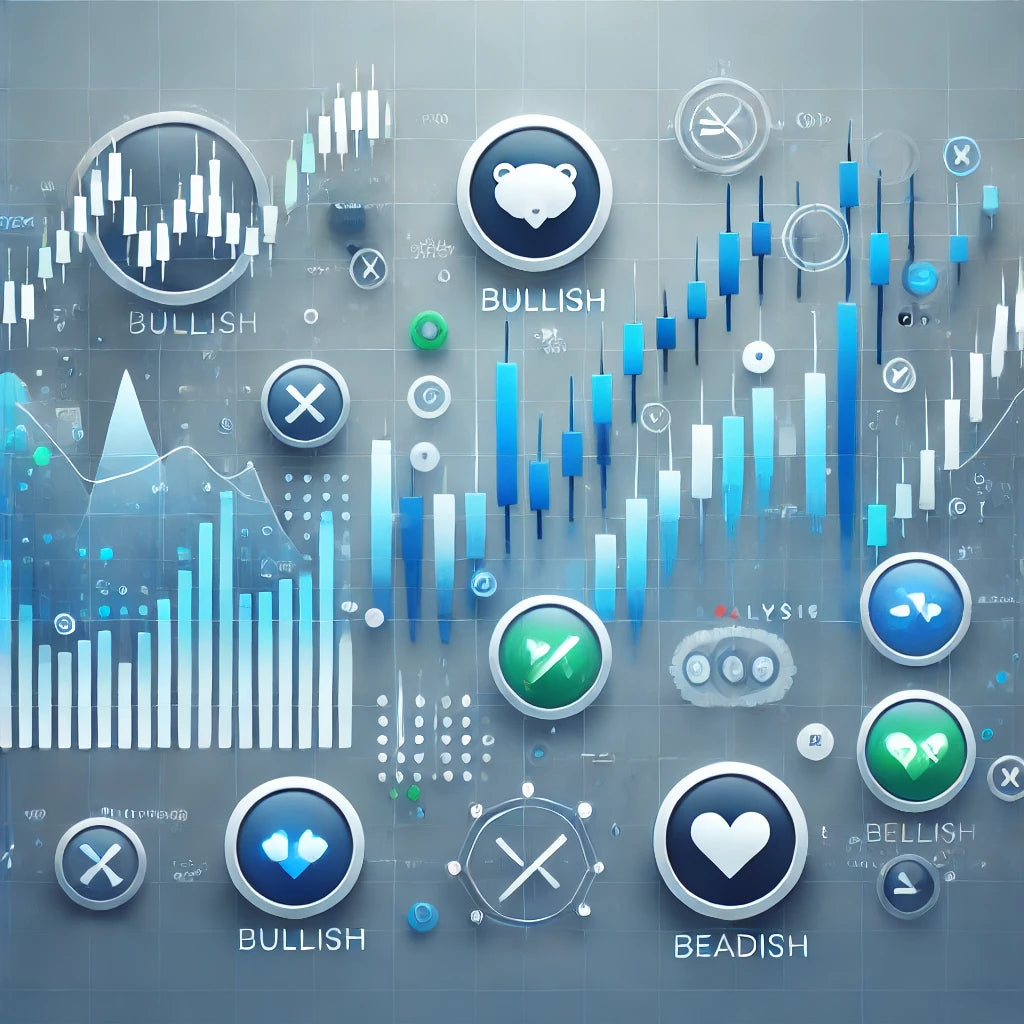 Visualisatie van sentimentanalyse in forex trading met grafieken en bullish en bearish marktsymbolen