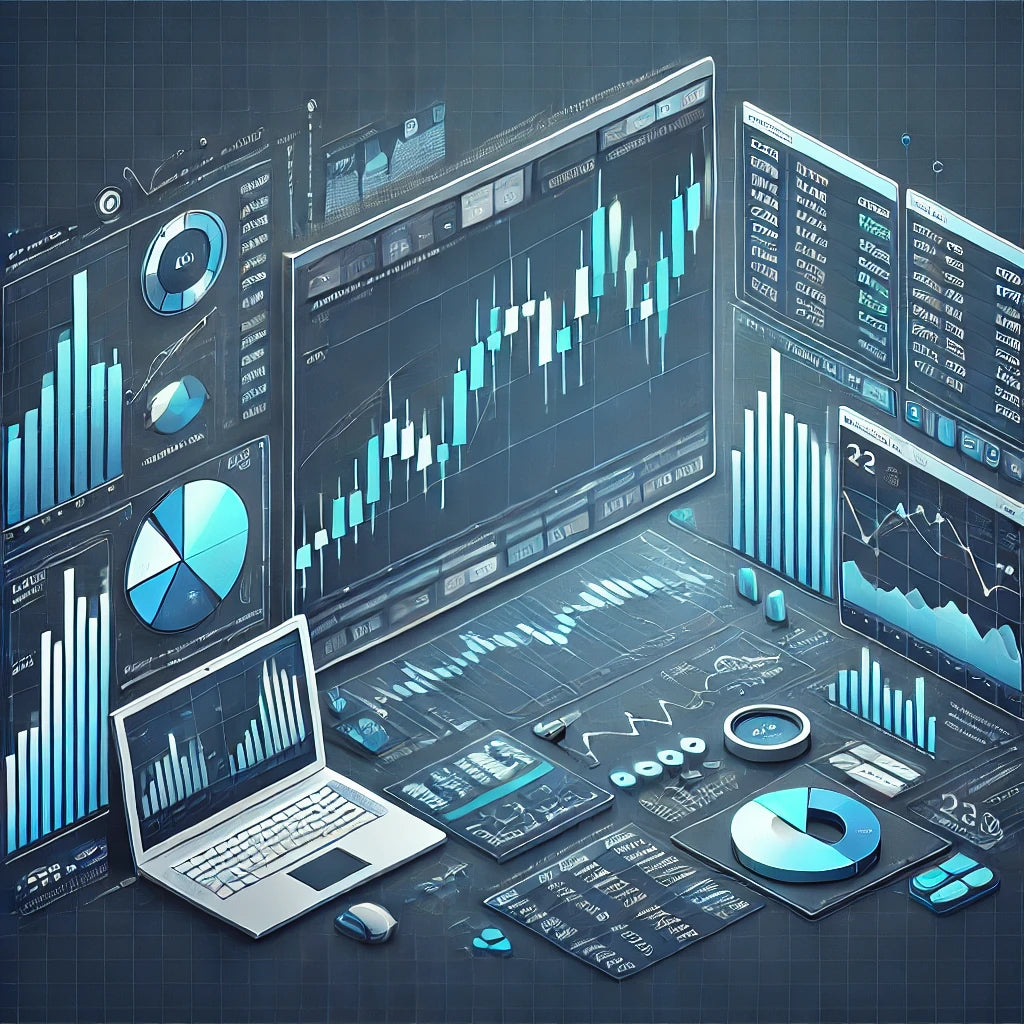 Afbeelding van een trading platform interface zoals MetaTrader 4 met forex grafieken en technische indicatoren
