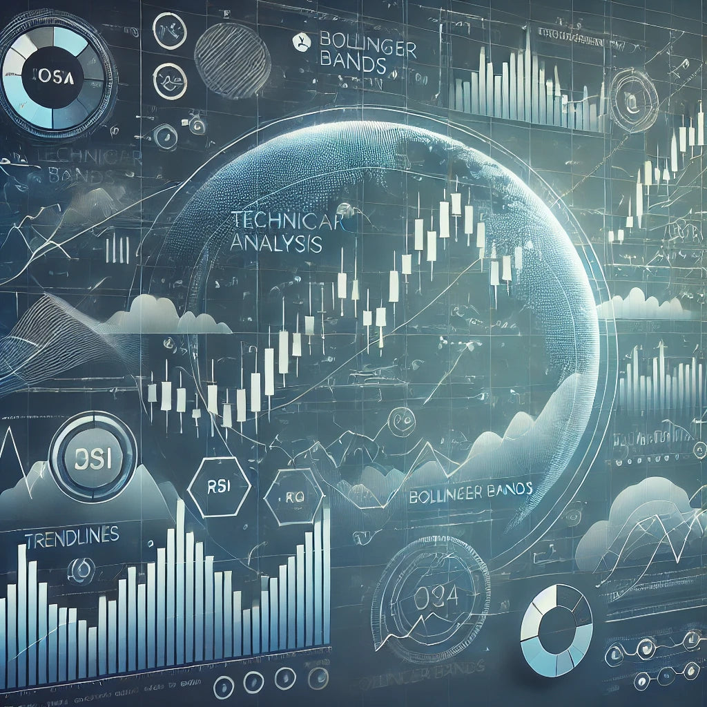 Afbeelding van technische analyse in forex trading met candlestick grafieken, RSI, Bollinger Bands en trendlijnen