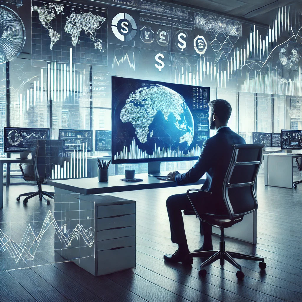 Forex trader analyseert financiële grafieken voor prop firm trading in een moderne handelsomgeving.