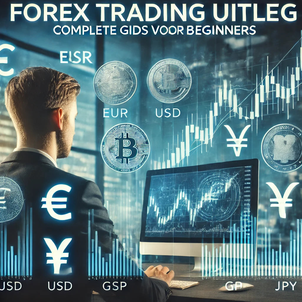 Beginnende forex trader analyseert valutagrafieken met EUR, USD, GBP en JPY symbolen op een computerscherm.