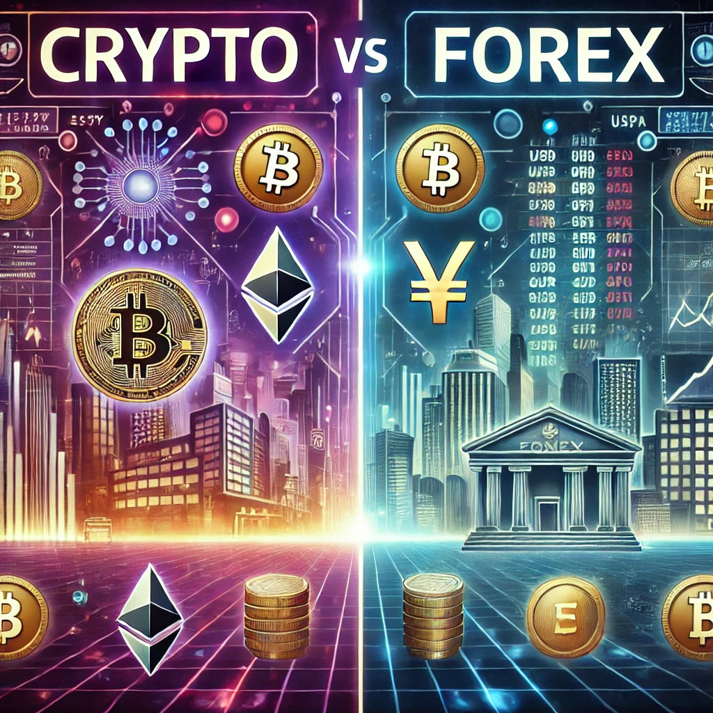 Vergelijking tussen forex trading en cryptocurrency trading met visualisaties van valutaparen en crypto-activa zoals Bitcoin en Ethereum.