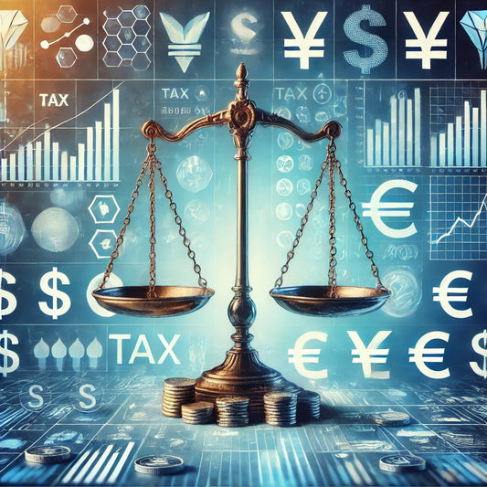 Illustratie van belastingoverwegingen in forex trading met balans en valuta-symbolen zoals USD en EUR.